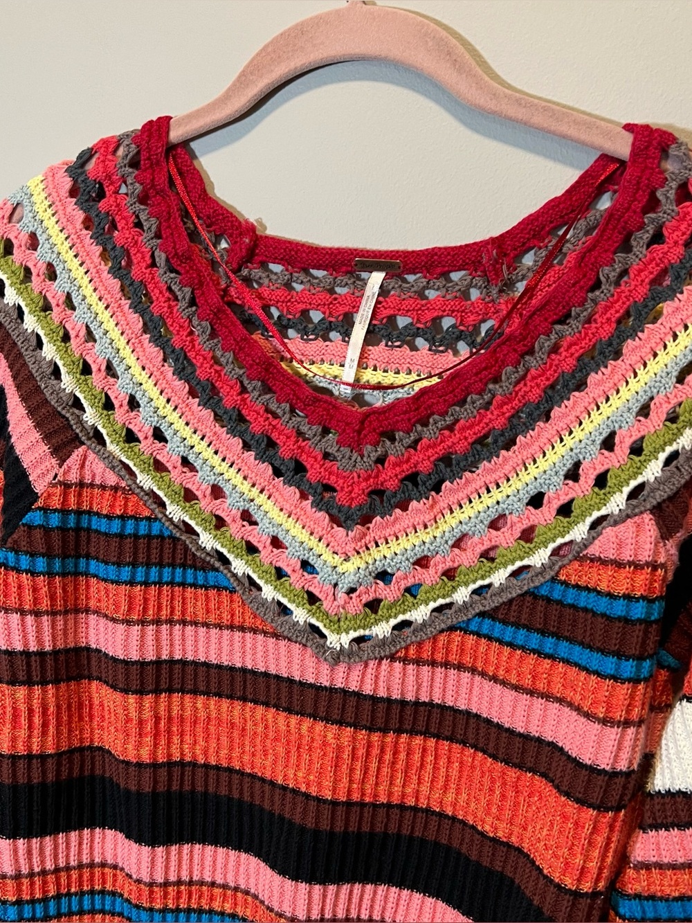Free People Heart and Soul Multicolor Crochet Striped Sweater Boho Flare Medium - Picture 3 of 11